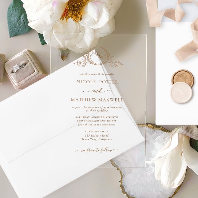 Elegantes Beige Brown Royal Crown Wreath Monogram Acryleinladungen (Von Creator hochgeladen)