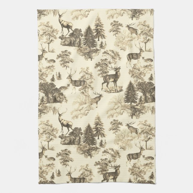 Elegantes Beige Country Toile Deer in Woodland Geschirrtuch (Vertikal)