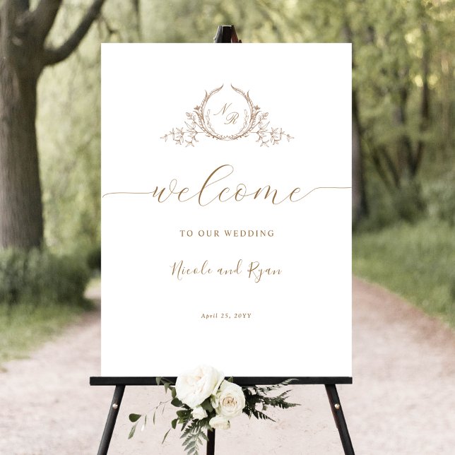 Elegantes Beige Cream Monogram-Begrüßungszeichen Poster (Von Creator hochgeladen)
