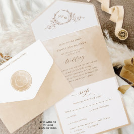 Elegantes Beige Cream Watercolor Monogram Wedding  All In One Einladung