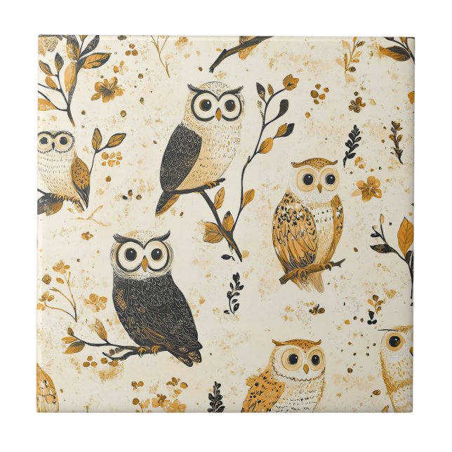 Elegantes Beige-Eulen-Wildlife-Botanikmuster Fliese (Vorderseite)