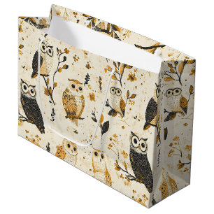 Elegantes Beige-Eulen-Wildlife-Botanikmuster Große Geschenktüte
