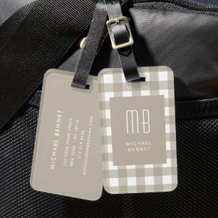 Elegantes Beige-Gingham-Monogramm Gepäckanhänger