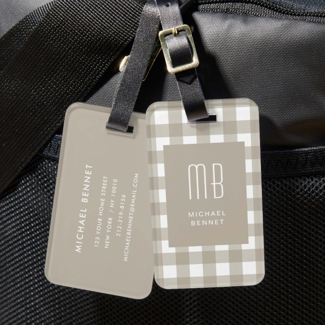 Elegantes Beige-Gingham-Monogramm Gepäckanhänger (Elegant Beige Gingham Monogram Luggage Tag)