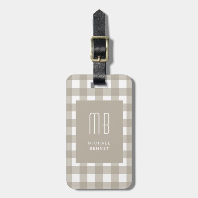 Elegantes Beige-Gingham-Monogramm Gepäckanhänger (Vorderseite vertikal)