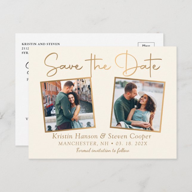 Elegantes Beige Gold 2 Foto Save the Date Postkarte (Vorne/Hinten)