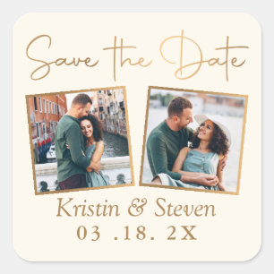 Elegantes Beige Gold 2 Foto Save the Date Quadratischer Aufkleber