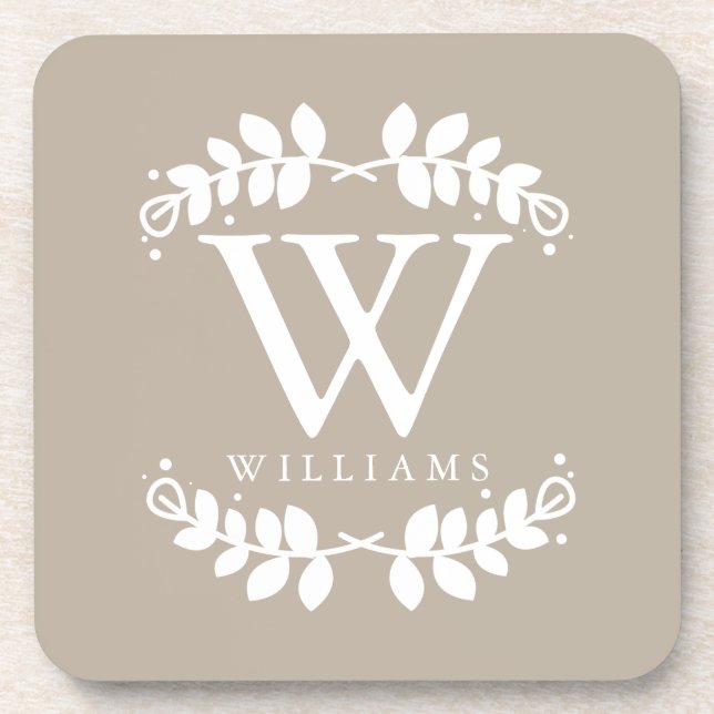 Elegantes beige Leinenmonogramm Getränkeuntersetzer (Vorderseite)