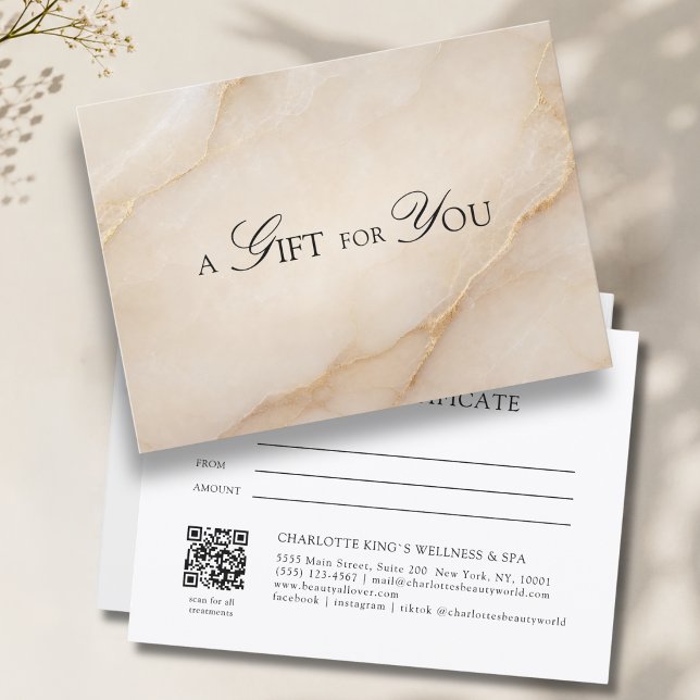 Elegantes Beige-Marmor-QR-Code-Geschenk-Zertifikat (A Gift for You! Beige Gold Marble QR Code)
