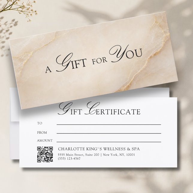 Elegantes Beige-Marmor-QR-Code-Geschenkzertifikat (A Gift for You! Custom Beige Gold Marble QR Code)
