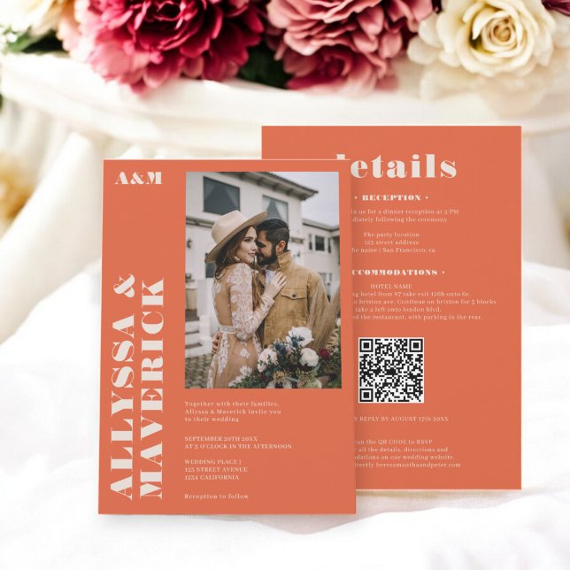 Elegantes, beige-orangefarbenes Foto Einladung (Elegant Bold boho beige orange photo wedding Invitation)