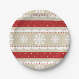 Elegantes Beige Red White Christmas Snowflake Desi Pappteller
