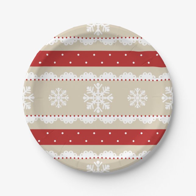 Elegantes Beige Red White Christmas Snowflake Desi Pappteller (Vorderseite)