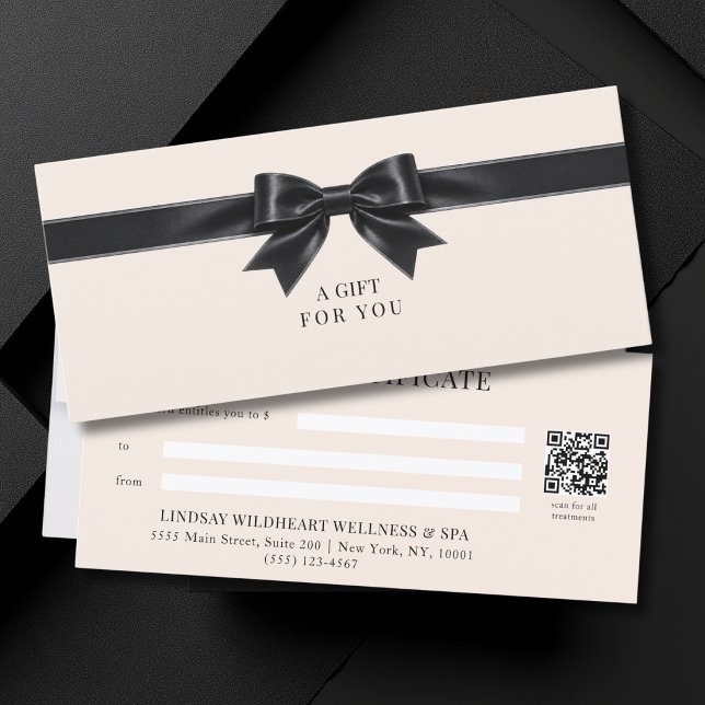 Elegantes Beige-Schleifen-QR-Code-Geschenkgutschei (Elegant Beige Black Bow QR Code Gift Certificate)