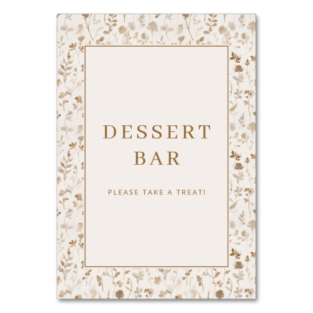 Elegantes Beiges Blumendessertbar-Schild Tischnummer (Vorderseite)