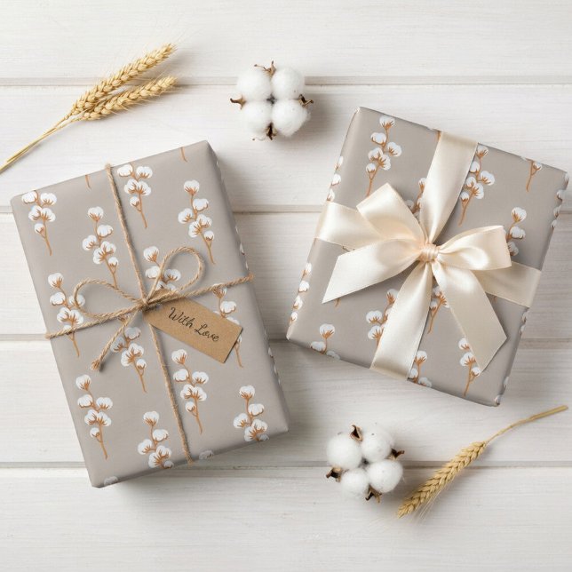 Elegantes Beiges Geschenkpapier mit Baumwollzweig (Von Creator hochgeladen)
