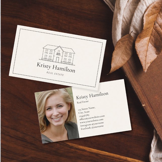 elegantes berufliches Anwesen-Foto Visitenkarte (elegant black house logo on the beige background, simple minimalist style)