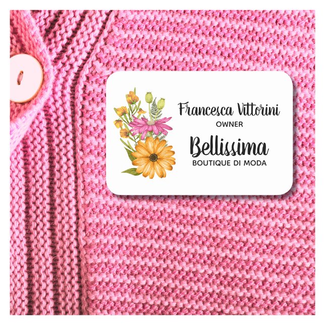 Elegantes Berufliches Aquarell Blumenrosa Gelb Namensschild (Von Creator hochgeladen)