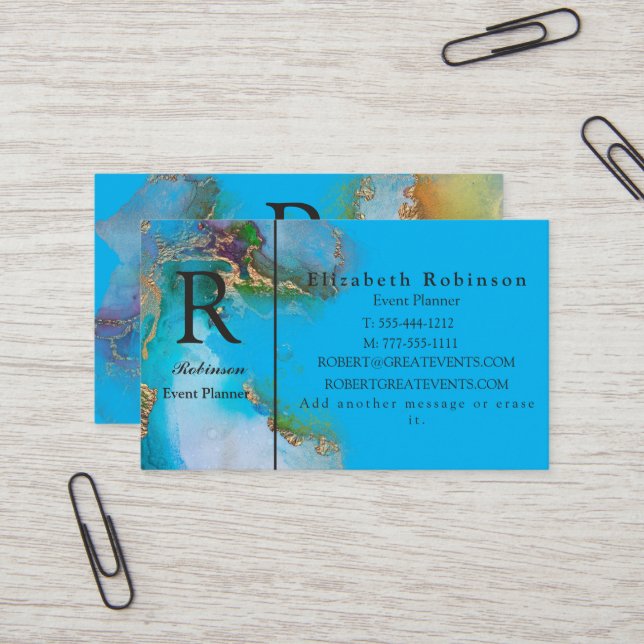 Elegantes Berufliches Gold Sky Blue Marble Busines Visitenkarte (Vorderseite/Rückseite Beispiel)