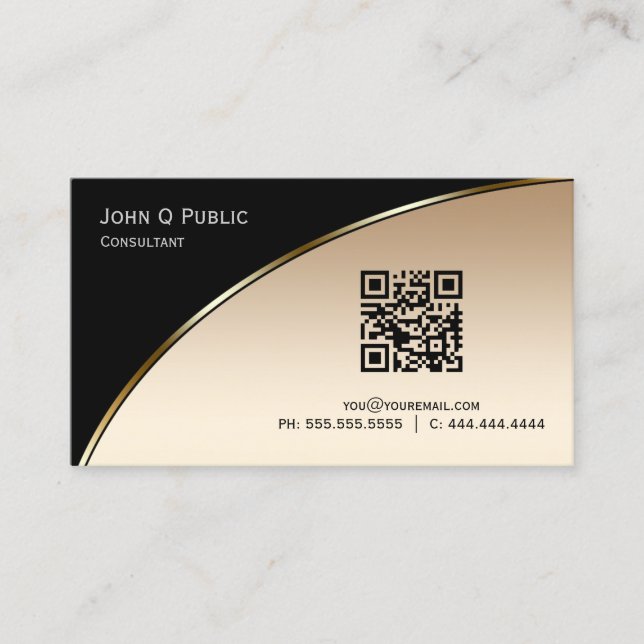 Elegantes Berufliches, modernes Black Gold QR Visitenkarte (Vorderseite)