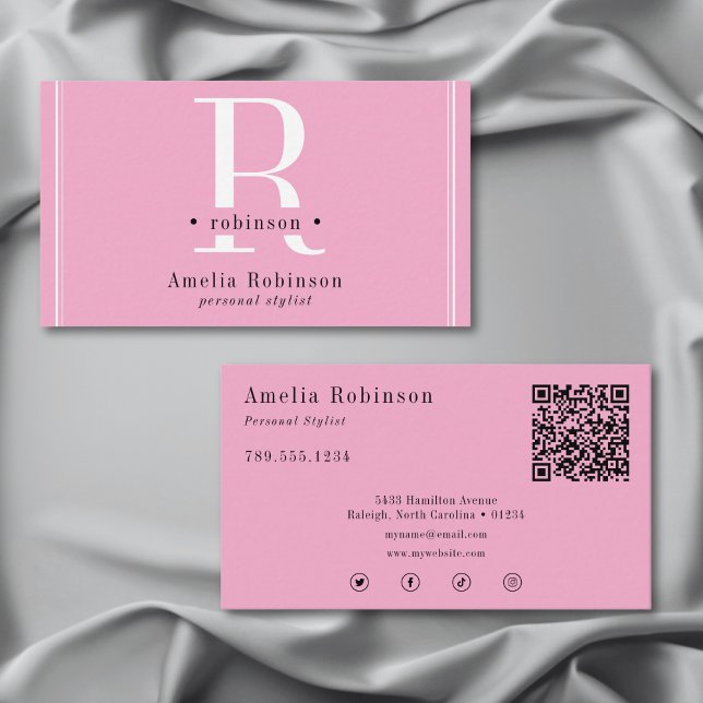 Elegantes Berufliches Monogramm Rosa Schwarz & Wei Visitenkarte (Elegant Professional Monogram Pink Black & White Business Card)