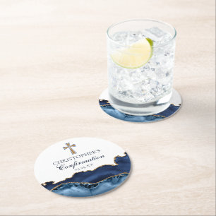 Elegantes Bestätigungskreuz Blaues Gold-Party Runder Pappuntersetzer