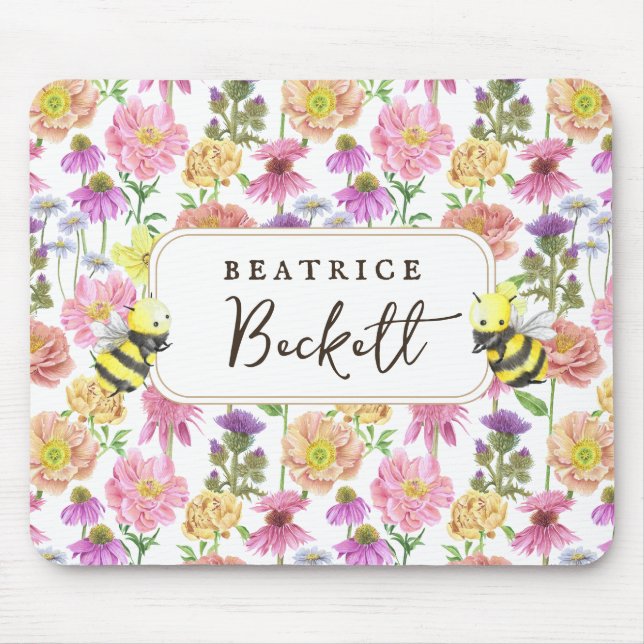 Elegantes Bienen- und Wildblume Wasserfarbmuster Mousepad (Vorne)