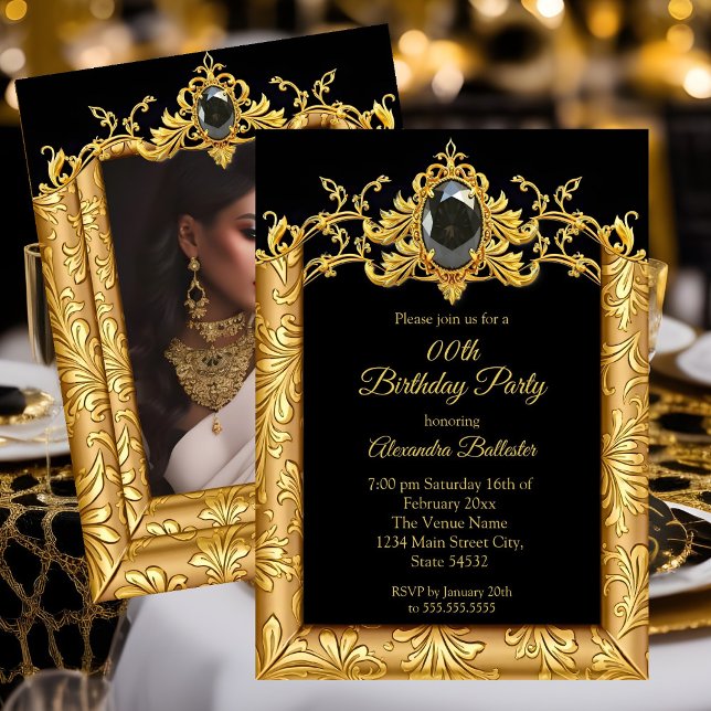 Elegantes Birthday Foto Black Gold Golden Damask Einladung (Von Creator hochgeladen)