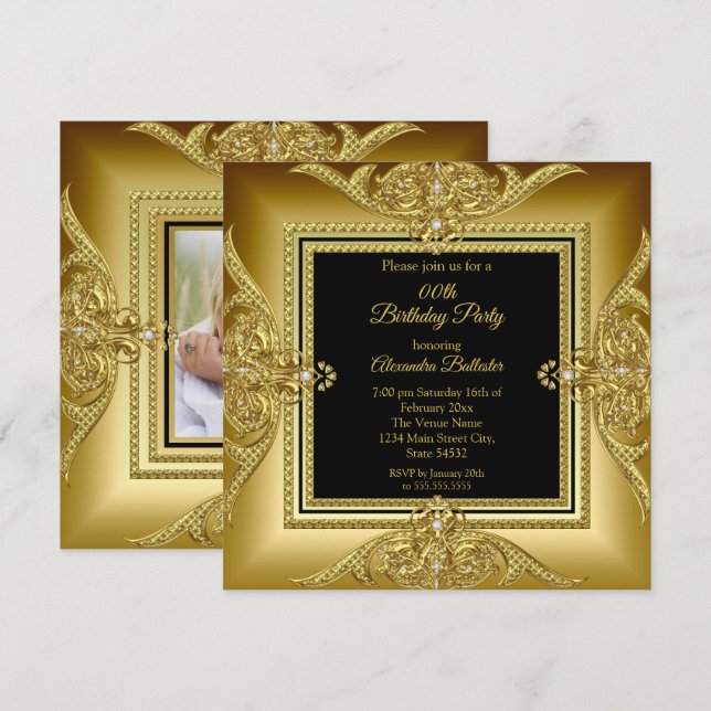 Elegantes Birthday Party Foto Black Gold Frame Einladung (Vorne/Hinten)