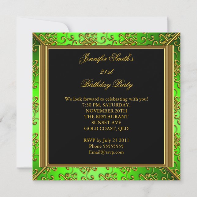 Elegantes Birthday Party Lime Green Black Gold Einladung (Vorderseite)