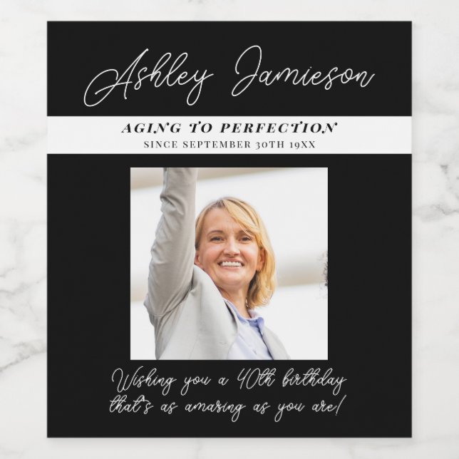 Elegantes Black 40 Birthday Aged to Perfection Fot Weinetikett (Einzelnes Label)