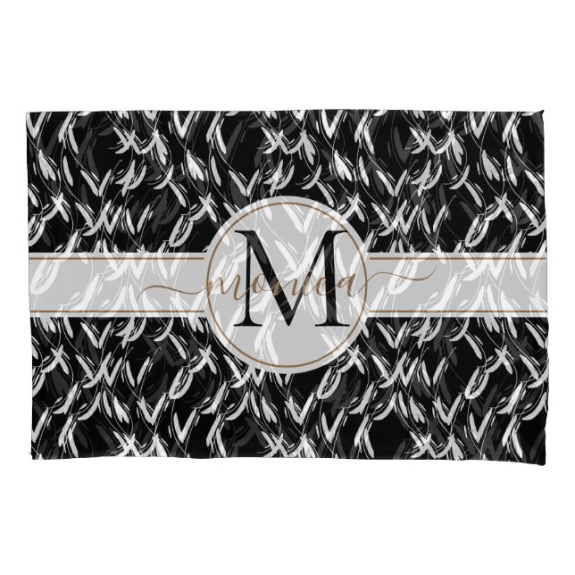 Elegantes Black Abstrakt Floral Gold Mit Monogramm Kissenbezug (Vorderseite)