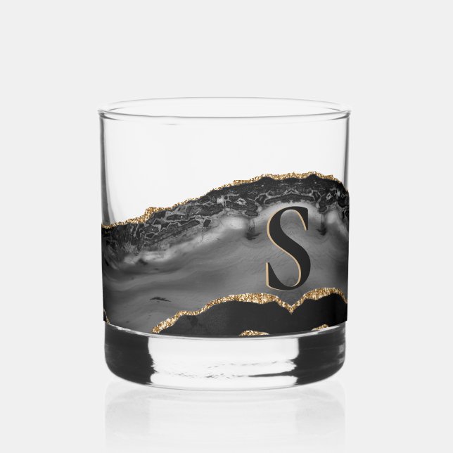 Elegantes Black Agate Geode Gold Glitzer Monogram Whiskyglas (Links)
