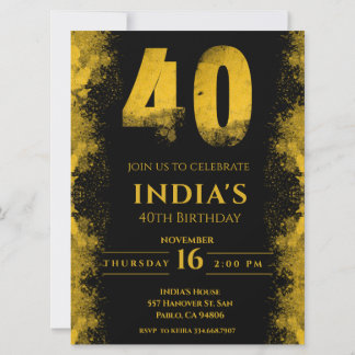 Elegantes Black and Gold 40. Geburtstag Party Einladung