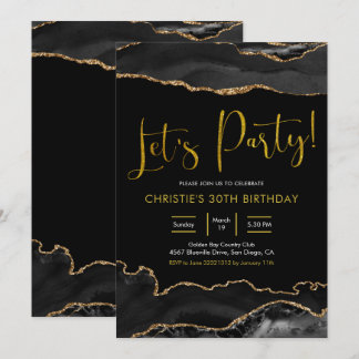Elegantes Black and Gold Agate Let's Party Einladung