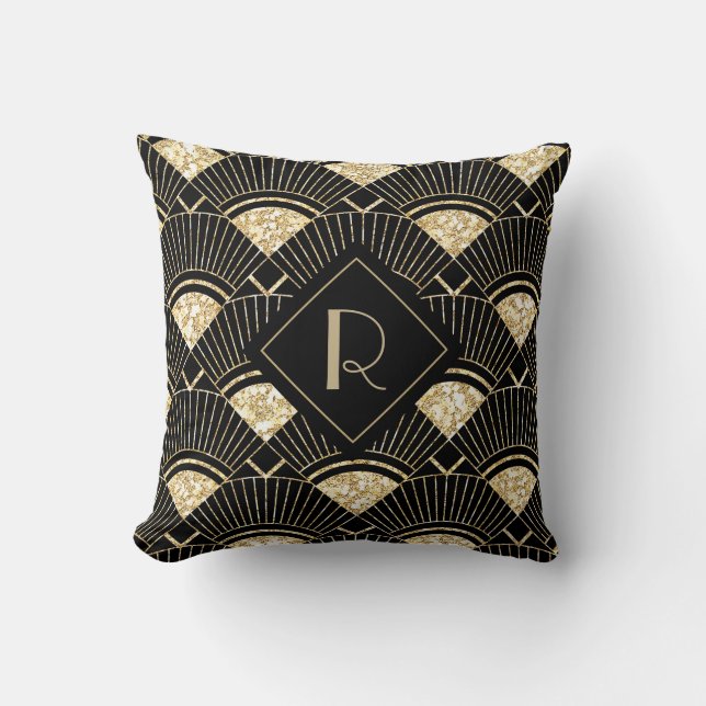 Elegantes Black and Gold Art Deco Monogramm Kissen (Vorderseite)
