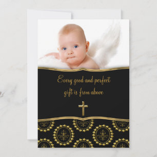 Elegantes Black and Gold Baby Foto Christening Einladung