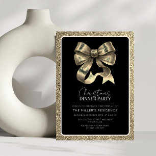 Elegantes Black and Gold Bow Weihnachtsessen Party Einladung