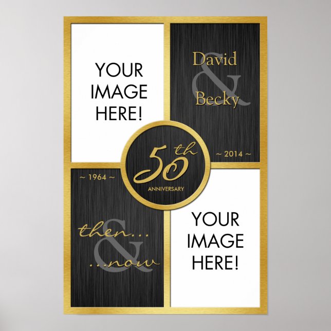 Elegantes Black and Gold Dann & Jetzt 50 Jahre alt Poster (Vorne)