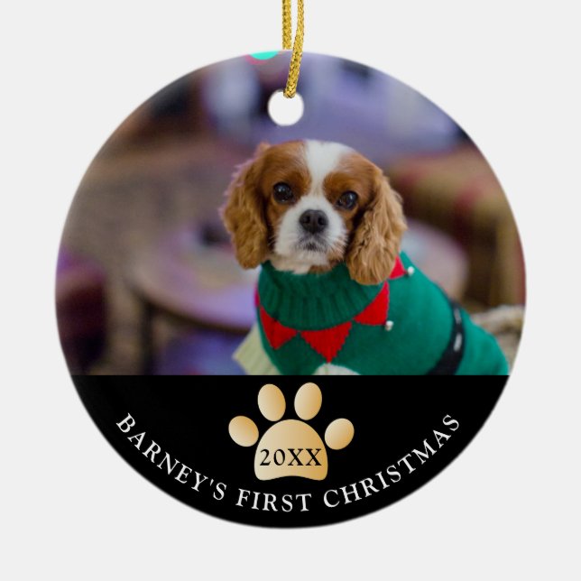 Elegantes Black and Gold Dog's First Christmas Fot Keramik Ornament (Vorne)