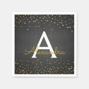 Elegantes Black and Gold Foil Confetti Monogramm Serviette