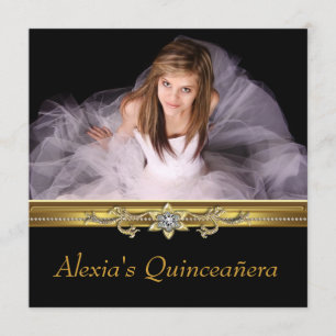 Elegantes Black and Gold Foto Quinceanera Einladung