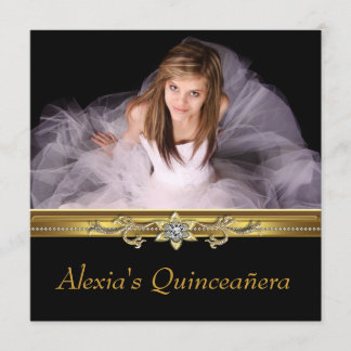Elegantes Black and Gold Foto Quinceanera Einladung