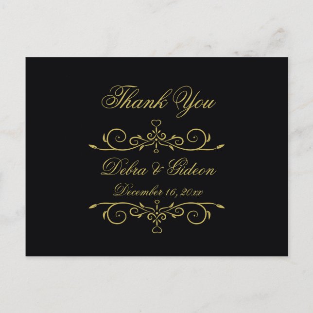 Elegantes Black and Gold Heart Wedding Vielen Dank Postkarte (Vorderseite)