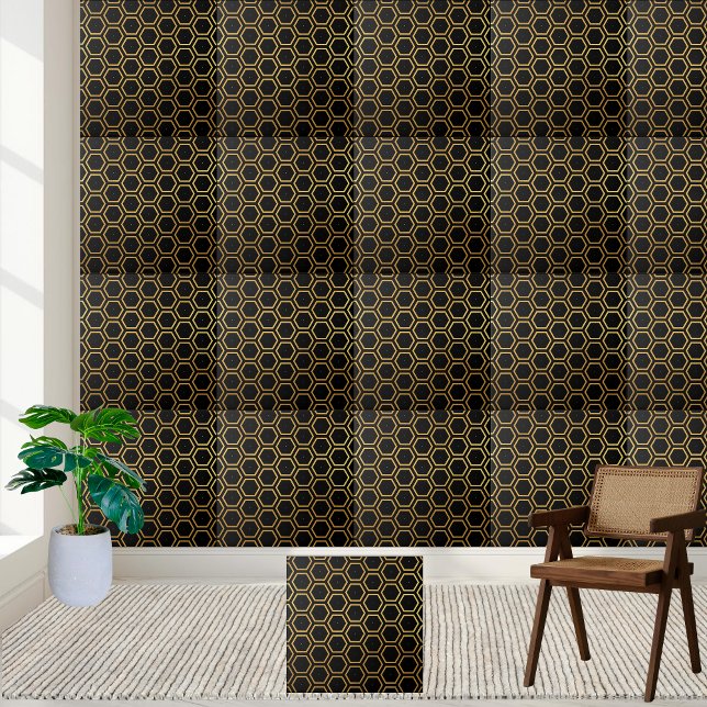 Elegantes Black and Gold Honeycomb Hexagon Muster Fliese (Elegant Black and Gold Honeycomb Hexagon Pattern Ceramic Tile)