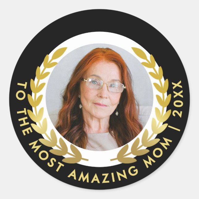 Elegantes Black and Gold Laurel Wreath Tribute Fot Runder Aufkleber (Vorderseite)