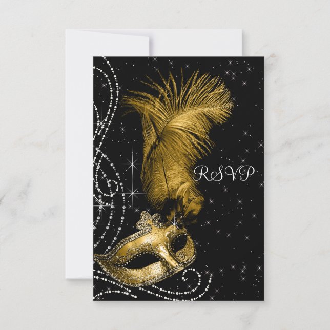 Elegantes Black and Gold Masquerade Party UAWG RSVP Karte (Vorderseite)