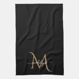 Elegantes Black and Gold Monogram Script Name Kit Geschirrtuch