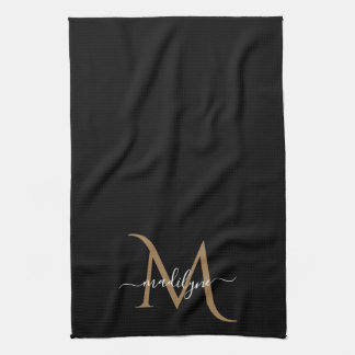 Elegantes Black and Gold Monogram Script Name Kit Geschirrtuch