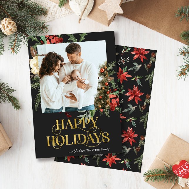 Elegantes Black and Gold Poinsettia Foto Weihnacht Feiertagskarte (Von Creator hochgeladen)